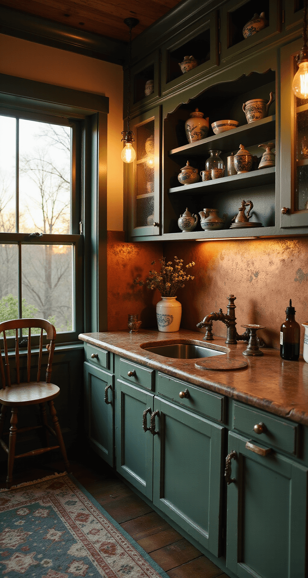 Dark Green Kitchen: A Stylish 2025 Design Trend That Transforms Your Space A cozy kitchen nook featuring dark sage cabinets with glass fronts displaying ironstone, a warm copper backsplash, weathered zinc countertops, and Edison bulb sconces, all captured during golden hour with soft focus edges.
