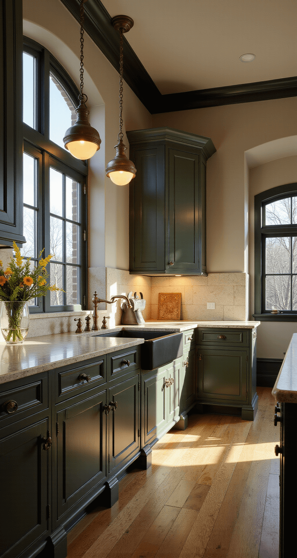 Dark Green Kitchen: A Stylish 2025 Design Trend That Transforms Your Space A spacious modern kitchen featuring deep olive cabinets with traditional molding and flat panels, under 12ft ceilings. Afternoon light pours through arched windows, illuminating soapstone countertops and brass fixtures. Contemporary art and dramatic lighting contrast with traditional elements, showcasing architectural details and deep shadows.