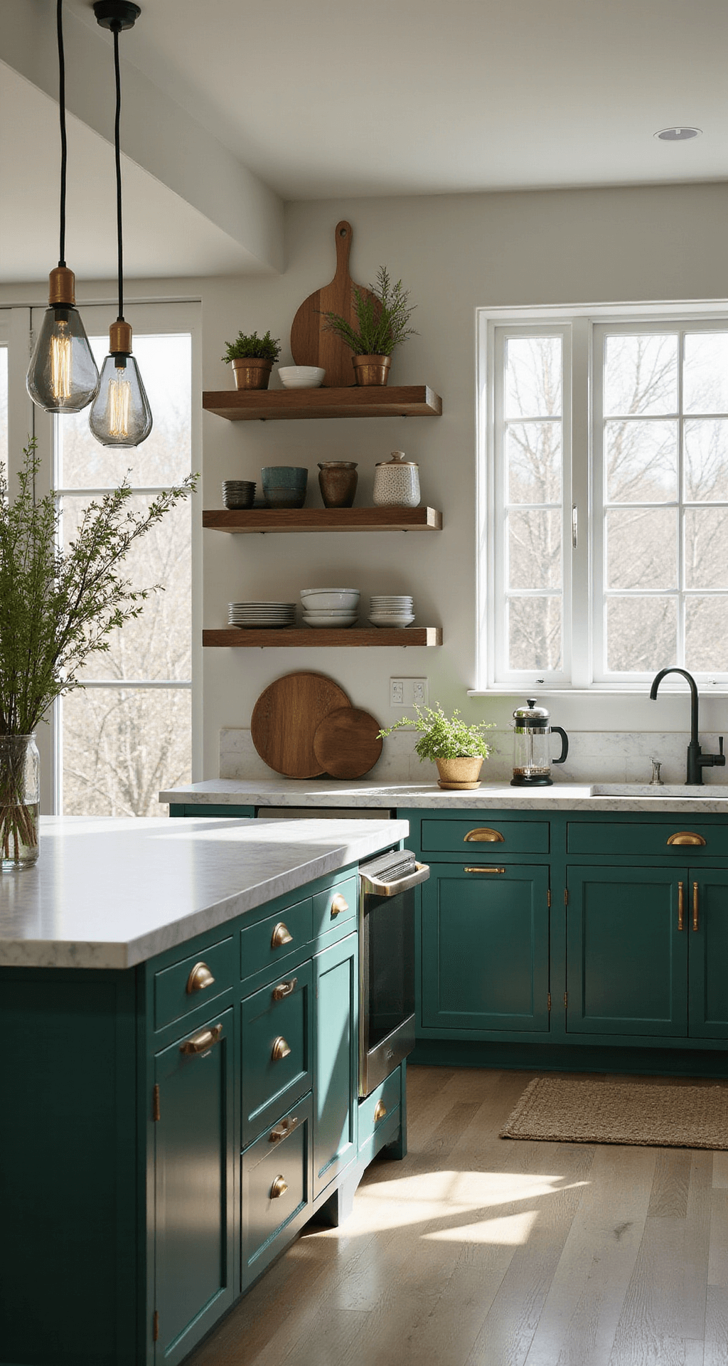 Dark Green Kitchen Cabinets: A Transformative Design Guide for Modern Homes A contemporary kitchen featuring hunter green cabinets, Carrara marble countertops, and a spacious layout, illuminated by morning light through large east-facing windows; includes a center island with waterfall edges, vintage pendant lights, walnut open shelving, and styled with fresh herbs and a coffee setup.