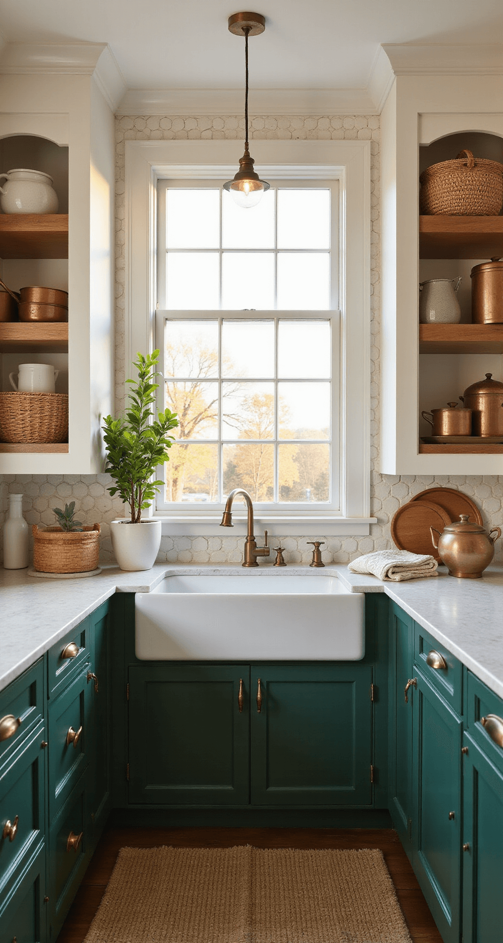 Dark Green Kitchen Cabinets: A Transformative Design Guide for Modern Homes Intimate transitional kitchen featuring forest green lower cabinets and white upper cabinets, illuminated by golden hour light through an oversized window above a farmhouse sink. The quartz countertops and cream hexagon tile backsplash add texture, while open shelving displays mixed metallic cookware among woven baskets and a potted fiddle leaf fig.