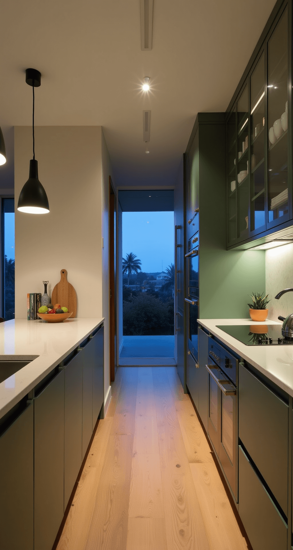 Dark Green Kitchen Cabinets: A Transformative Design Guide for Modern Homes A modern galley kitchen with moss green cabinets and light oak flooring, captured during blue hour. The scene features illuminated glass-front upper cabinets showcasing dishware, integrated appliances, and sleek black hardware. Geometric pendant lights and a minimalist fruit bowl add style, while an architectural cookbook display enhances the aesthetic.