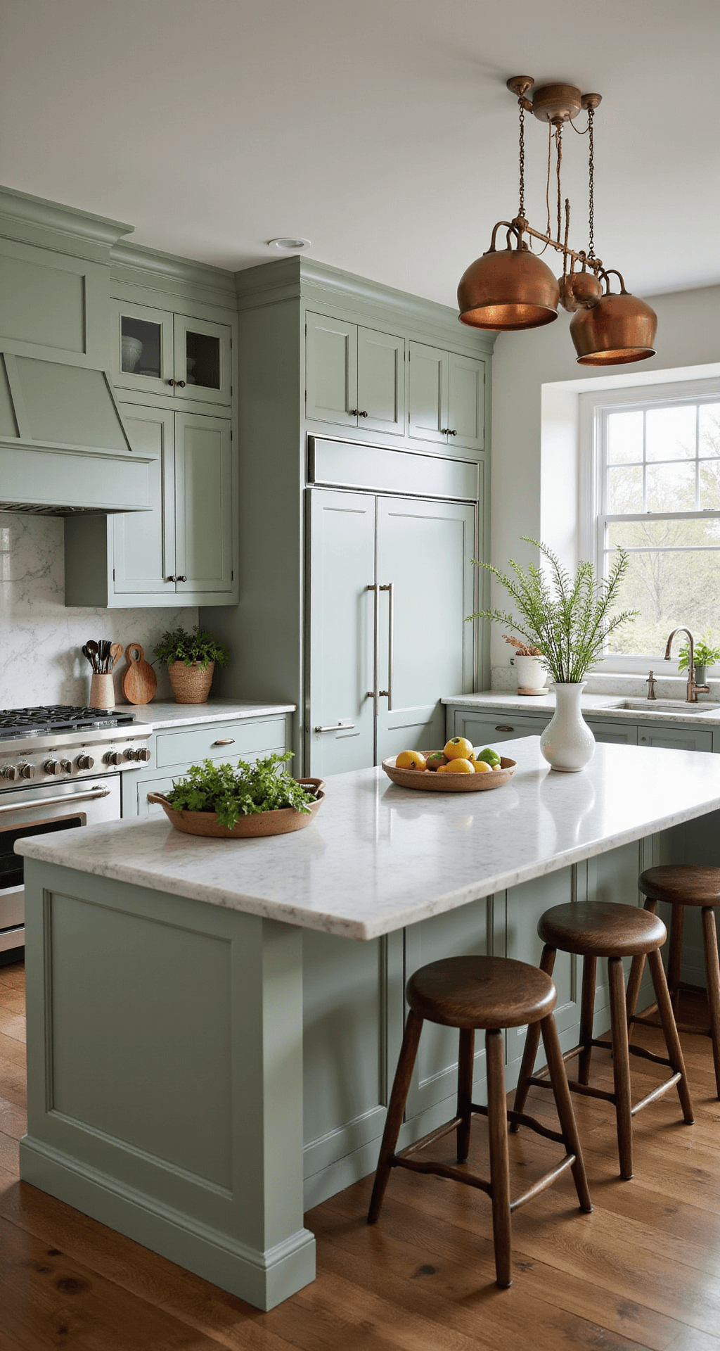 Dark Green Kitchen Cabinets: A Transformative Design Guide for Modern Homes Expansive chef's kitchen with sage green perimeter cabinets, professional stainless appliances, an oversized marble island, and natural light highlighting copper pots and fresh herbs.