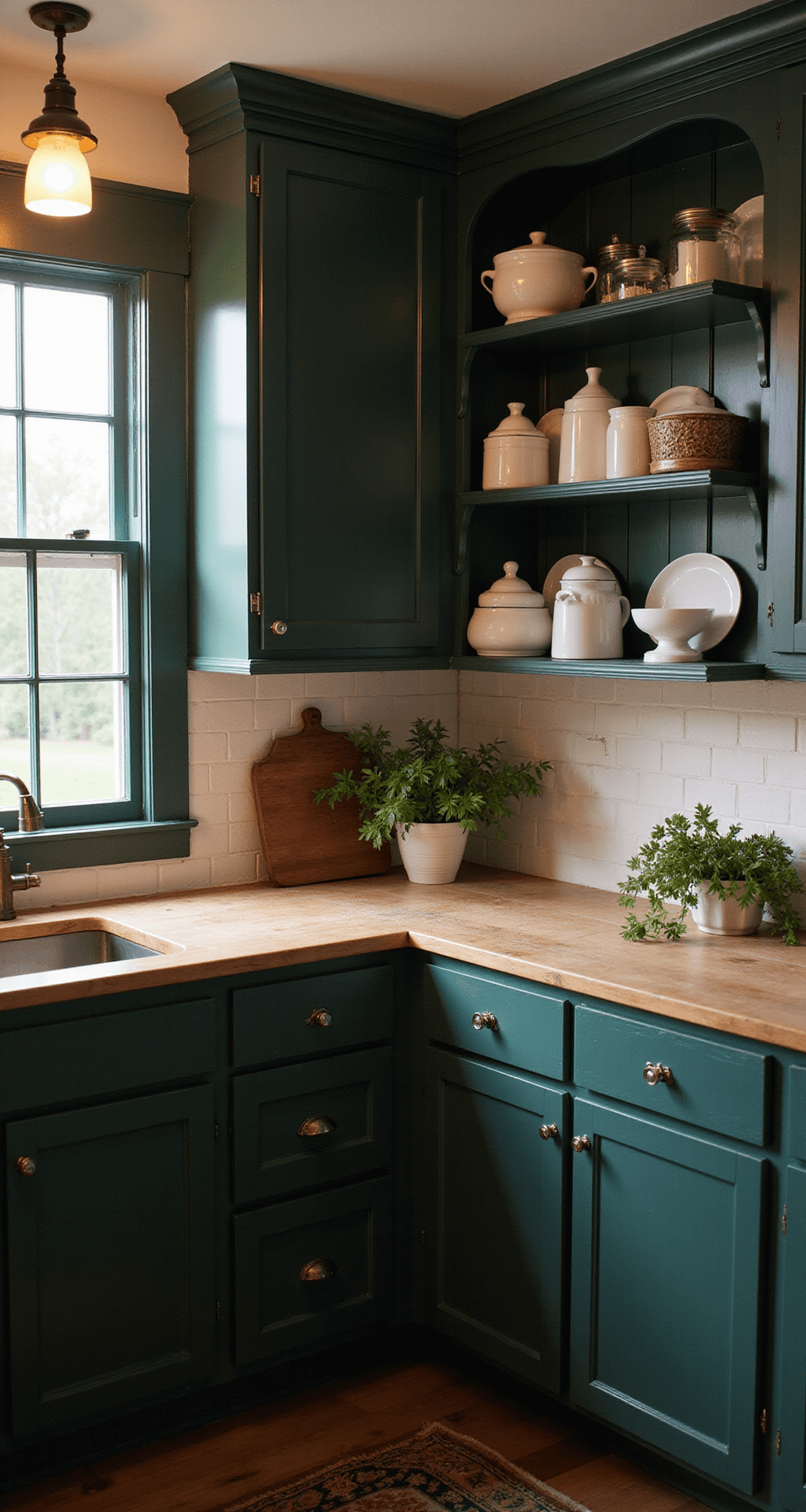 Dark Green Kitchen Cabinets: A Transformative Design Guide for Modern Homes Cozy 10x10ft cottage kitchen at dusk with dark hunter green cabinets, glass knobs, and butcher block countertops, featuring open shelving with white ironstone, antique cutting boards, ceramic canisters, and potted herbs, illuminated by vintage-style pendant light in a warm glow.