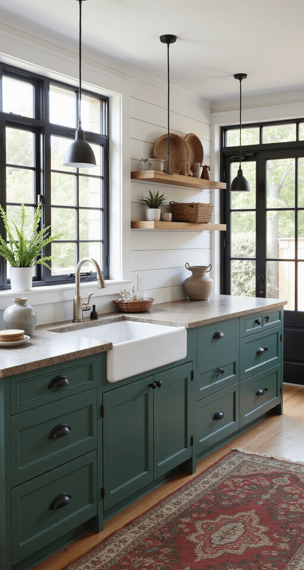 Dark Green Kitchen Cabinets: A Transformative Design Guide for Modern Homes A modern farmhouse kitchen featuring forest green lower cabinets and shiplap walls, illuminated by morning light. A large central island with a soapstone countertop and industrial pendant lights is centered in the space, which has black windows framing a garden view. The decor includes woven baskets, earthenware crocks, and a vintage rug, with a color palette of forest green, crisp white, matte black, and natural textures.