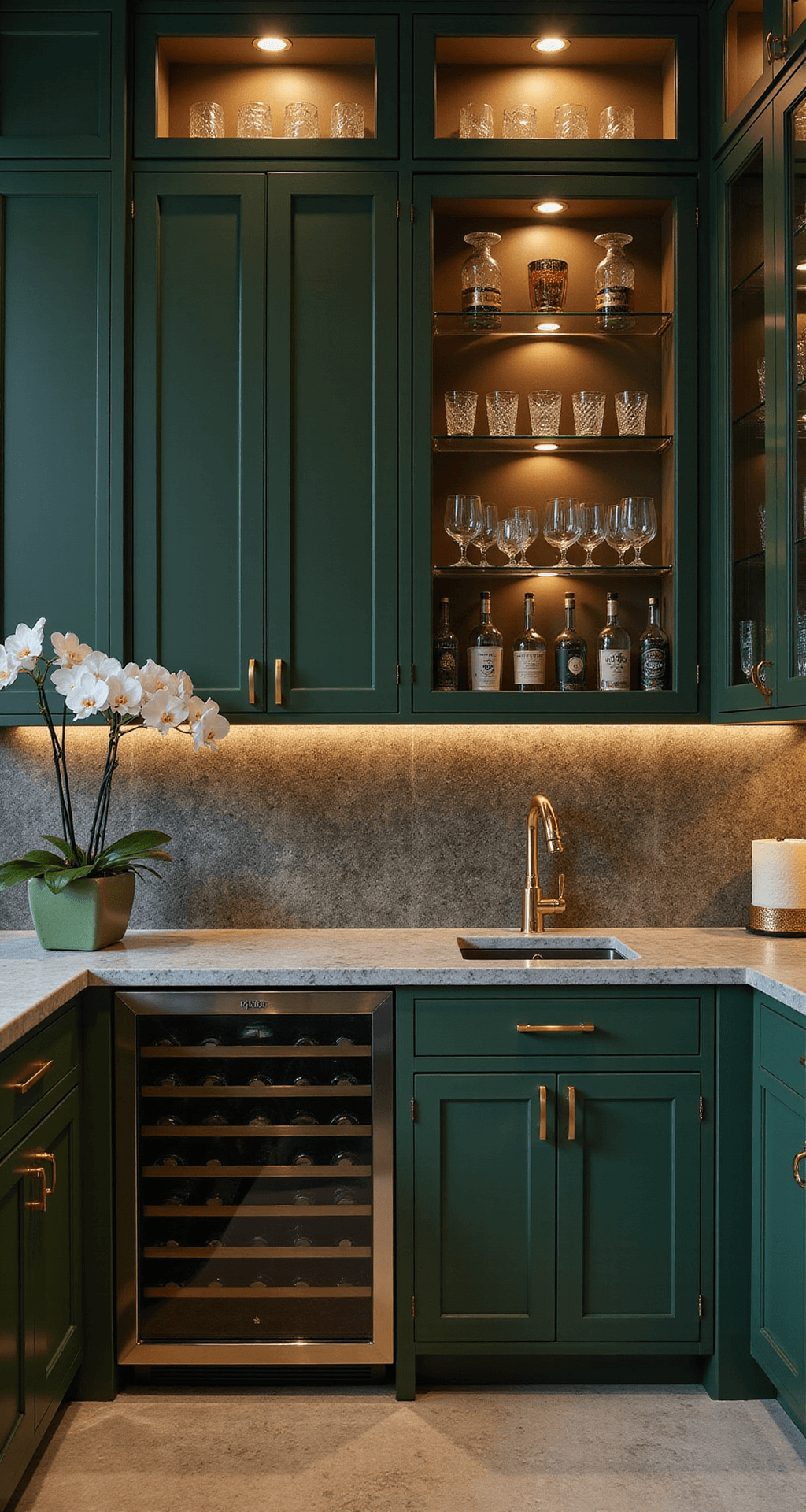 Dark Green Kitchen Cabinets: A Transformative Design Guide for Modern Homes Luxe metropolitan kitchen featuring deep moss green cabinets with gold hardware, illuminated onyx backsplash, and elegant styling with orchids and crystal decanters, captured at twilight to highlight luxury finishes and warm ambiance.
