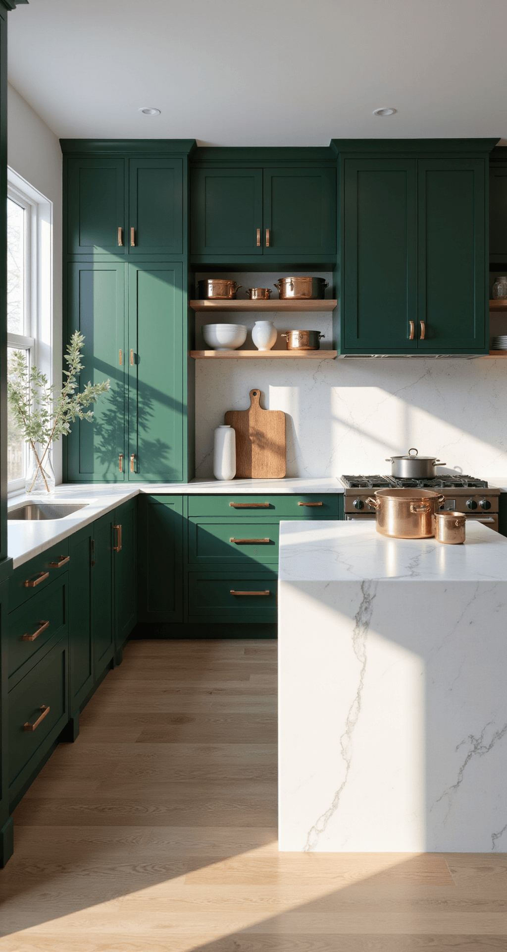 Modern Dark Green Kitchen Cabinets: A Sophisticated Design Revolution A spacious modern kitchen with forest green cabinets and a white quartz waterfall island, flooded with morning light through east-facing windows, featuring brass hardware, open shelving with copper cookware, white ceramic vases, and artisanal cutting boards, all set against wide-plank white oak floors.
