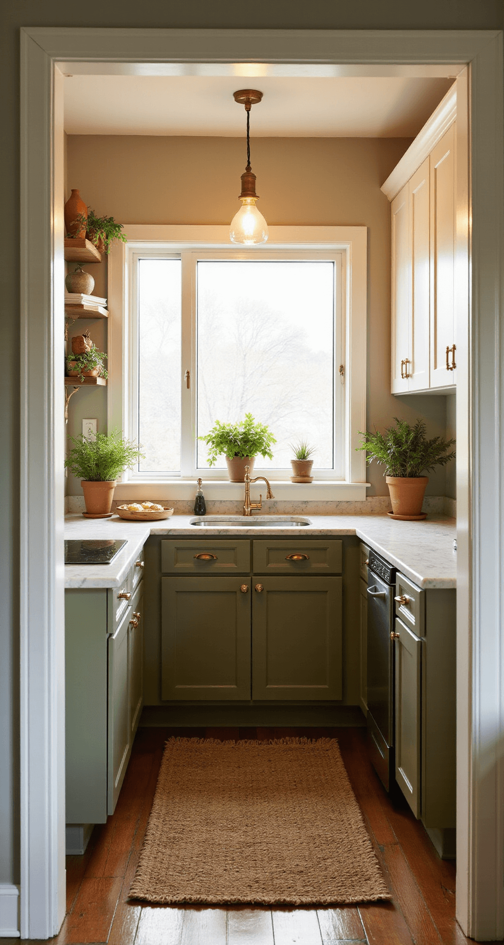 Modern Dark Green Kitchen Cabinets: A Sophisticated Design Revolution Intimate kitchen nook at golden hour featuring olive green lower cabinets, white upper cabinets, and marble countertops. A vintage brass pendant light casts a warm glow over artisan pottery and fresh herbs in terracotta pots, with a woven textile runner on the floor. The scene, viewed from the doorway, is softly backlit, creating an atmospheric haze.