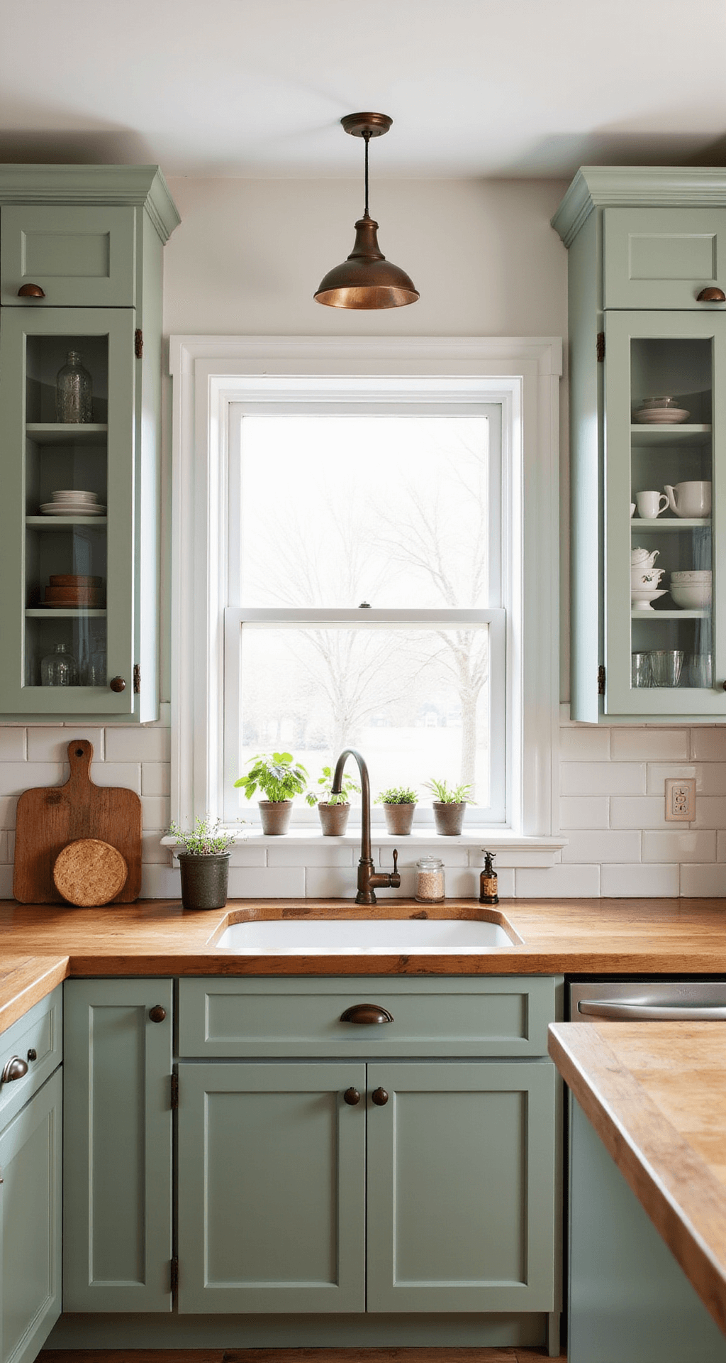 Modern Dark Green Kitchen Cabinets: A Sophisticated Design Revolution A modern farmhouse kitchen with sage green cabinets, butcher block counters, and white subway tile, illuminated by afternoon light. Antique copper pendant lights hang over the central island, and the space is styled with vintage breadboards, white ironstone, and potted herbs, all highlighted in a low angle shot that emphasizes the ceiling height.