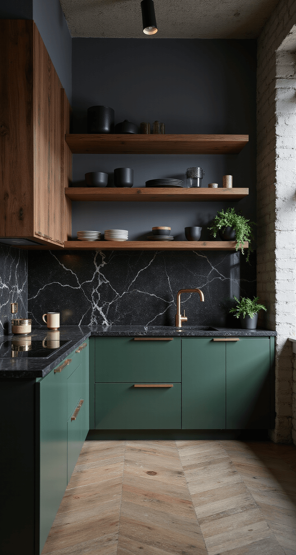 Modern Dark Green Kitchen Cabinets: A Sophisticated Design Revolution An elevated view of an urban loft kitchen at dusk, featuring forest green lower cabinets and floating walnut shelves, dramatic black marble countertops, and targeted moody lighting that highlights modern black ceramics and brass accents.