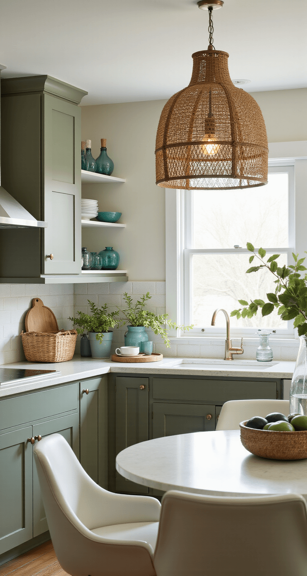 Modern Dark Green Kitchen Cabinets: A Sophisticated Design Revolution Coastal kitchen featuring olive green cabinets, white quartz countertops, and handmade tile backsplash, illuminated by morning light. Includes a breakfast nook with rattan pendant lights and natural decor elements like woven baskets, blue-green glassware, and coastal botanicals.
