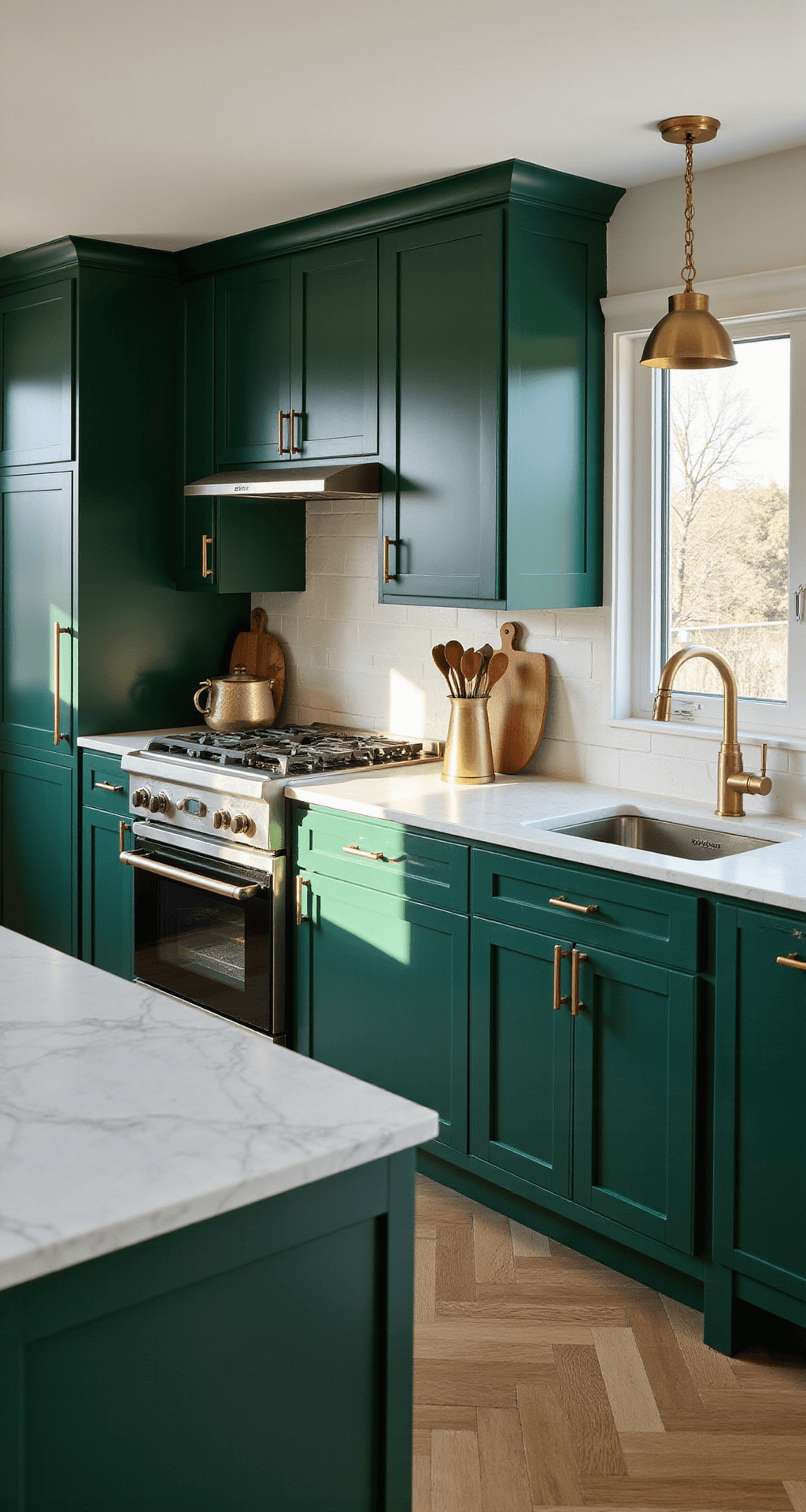 Transform Your Kitchen: The Ultimate Emerald Green Dark Green Design Guide A contemporary kitchen featuring deep emerald green floor-to-ceiling cabinets, Carrara marble countertops, and brass hardware, illuminated by late afternoon sunlight through large windows. The central island has waterfall edges, and brushed gold pendant lights hang above, while white oak herringbone floors add warmth to the sophisticated space.