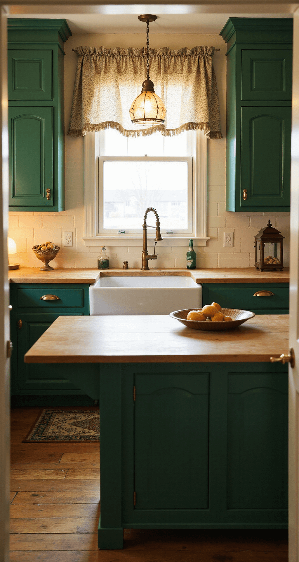 Transform Your Kitchen: The Ultimate Emerald Green Dark Green Design Guide A cozy kitchen featuring heritage-style emerald green cabinets and antique brass fixtures, with a butcher block island and white farmhouse sink, illuminated by soft golden hour light.