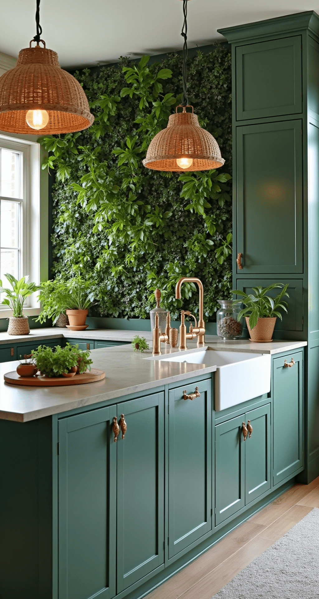 Transform Your Kitchen: The Ultimate Emerald Green Dark Green Design Guide Bright kitchen with sage-to-emerald ombre cabinets, a living wall of herbs, concrete countertops featuring an integrated herb garden, mixed metal fixtures, and rattan pendant lights, all illuminated by natural morning light.