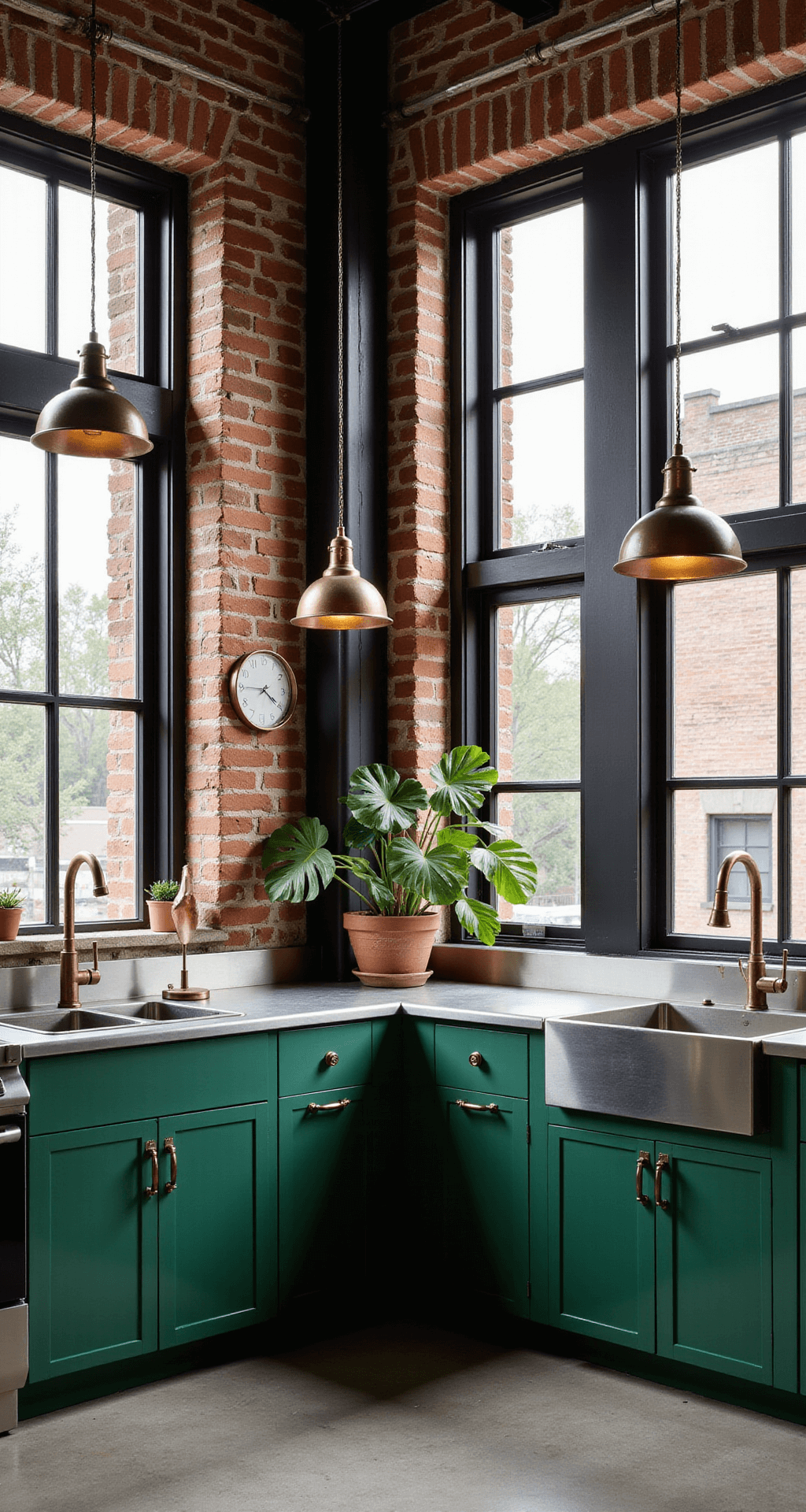Transform Your Kitchen: The Ultimate Emerald Green Dark Green Design Guide Loft-style kitchen featuring exposed brick walls, emerald green metal cabinets, stainless steel counters, and vintage brass pendant lights, captured from a corner to highlight its industrial elements and moody lighting.
