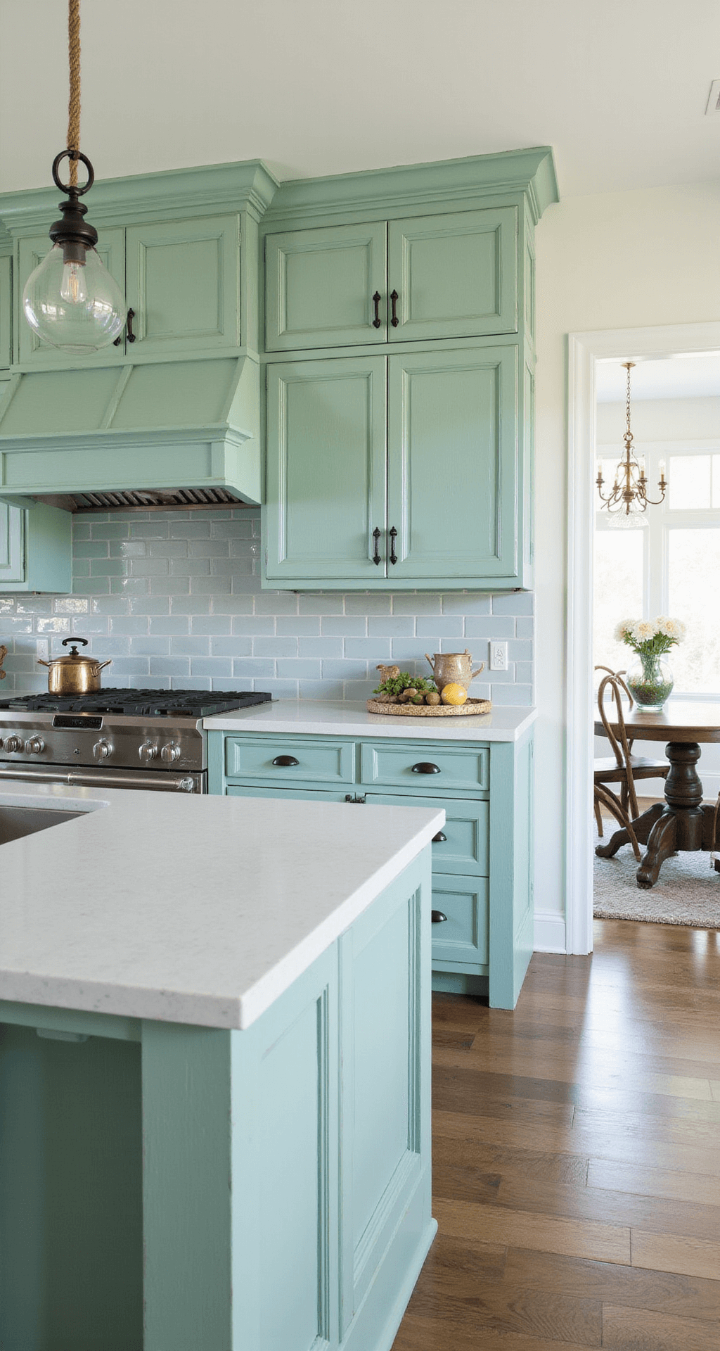 Transform Your Kitchen: The Ultimate Emerald Green Dark Green Design Guide Sunlit kitchen featuring sea-glass inspired emerald cabinets, white quartz countertops, pale blue subway tile backsplash, and coastal decor with rope pendant lights and driftwood accents, all creating a bright and airy atmosphere.