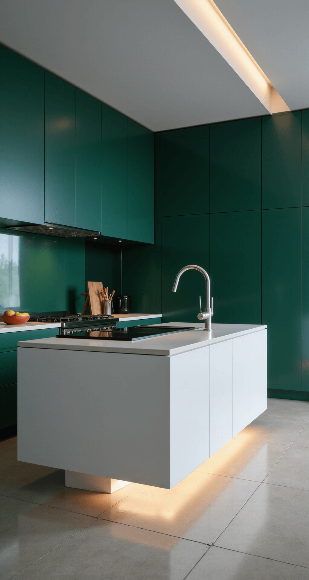 Transform Your Kitchen: The Ultimate Emerald Green Dark Green Design Guide A serene twilight kitchen featuring floor-to-ceiling emerald green panels, a sleek white waterfall island with an invisible cooktop, and hidden LED lighting, all highlighting minimalist design and symmetry.