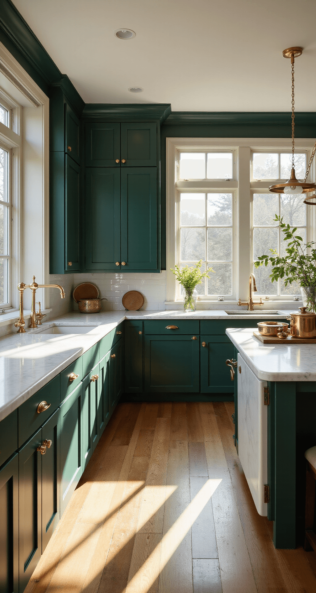 Forest Green & Dark Green Kitchen Cabinets: Your Ultimate Design Inspiration Guide A spacious kitchen with forest green Shaker cabinets and brass hardware, featuring a white marble waterfall island and copper cookware, illuminated by morning light streaming through large windows, highlighting wide plank oak flooring and dramatic shadows.