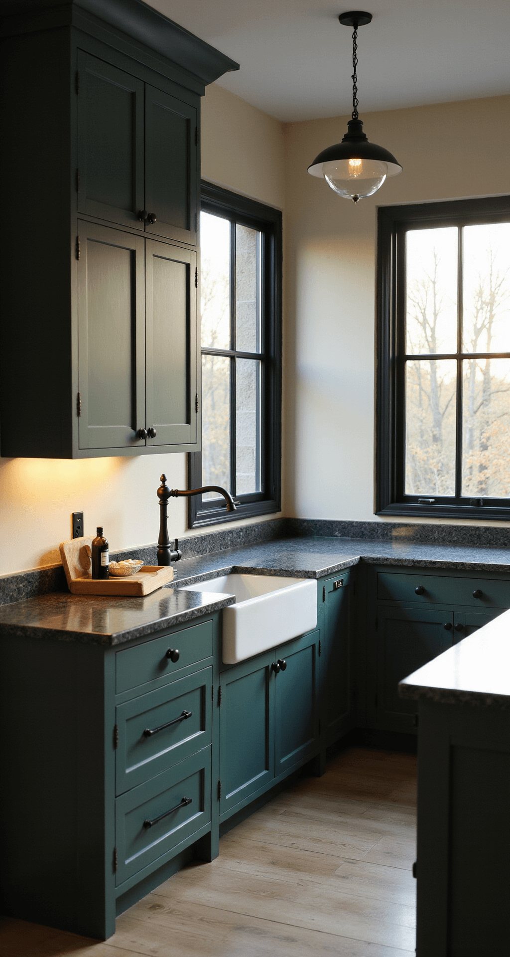 Forest Green & Dark Green Kitchen Cabinets: Your Ultimate Design Inspiration Guide Elegant L-shaped kitchen featuring hunter green inset cabinets with matte black hardware, a white fireclay farmhouse sink under a black-framed window, honed charcoal grey granite countertops, and vintage-style pendant lights, captured at golden hour for a warm, sophisticated ambiance.