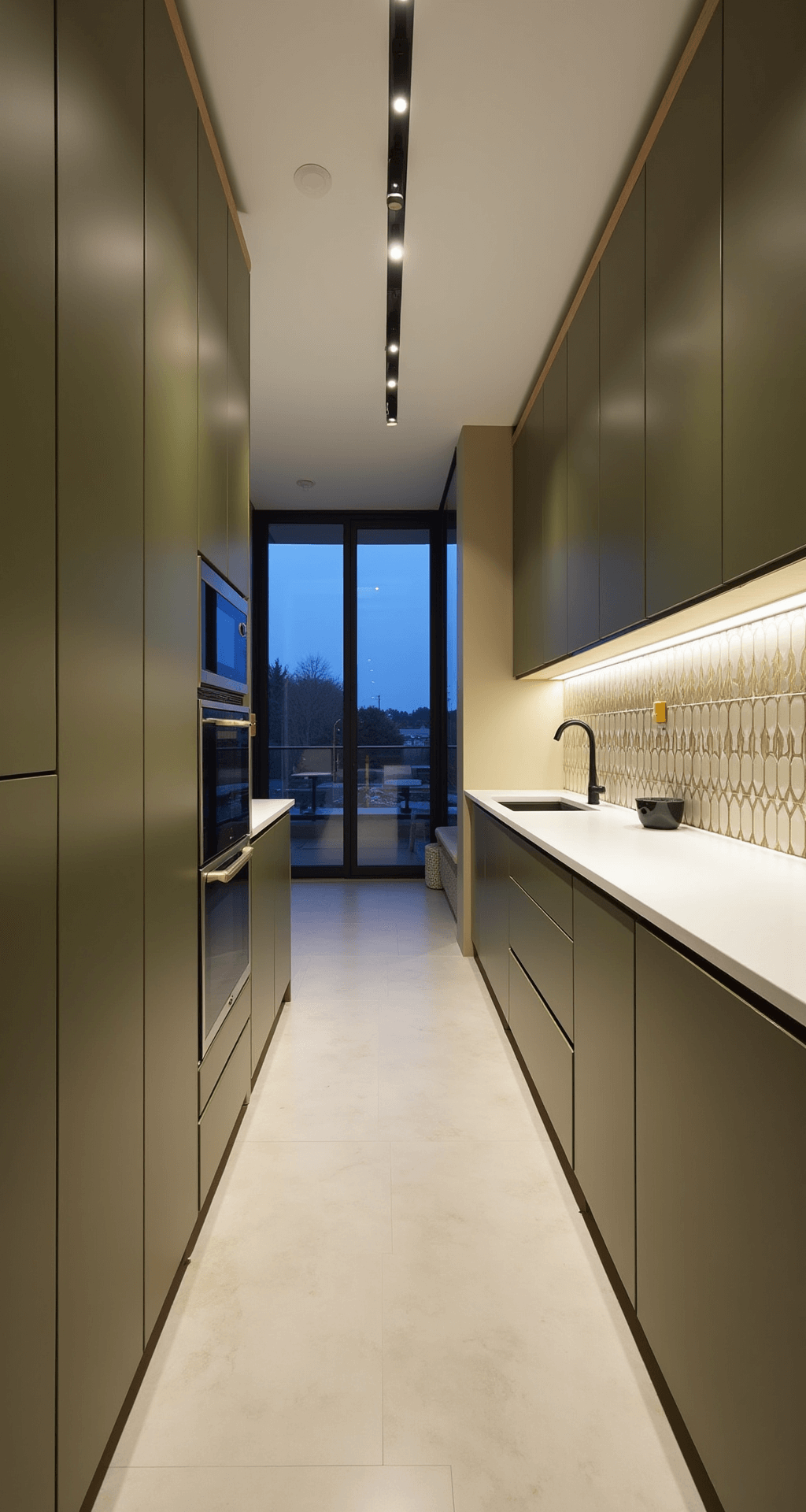 Forest Green & Dark Green Kitchen Cabinets: Your Ultimate Design Inspiration Guide A contemporary galley kitchen at blue hour featuring olive green flat-panel cabinets, minimalist brass pulls, white quartz countertops, and a cream and gold geometric tile backsplash, illuminated by modern track lighting. The photo is taken from the entrance, showcasing linear perspective.