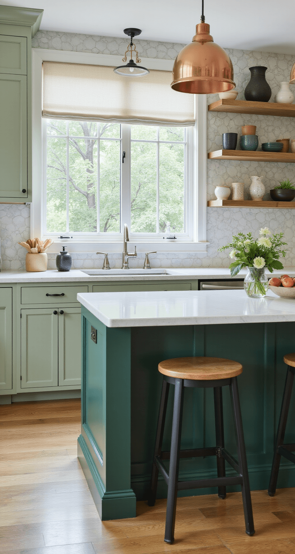 Forest Green & Dark Green Kitchen Cabinets: Your Ultimate Design Inspiration Guide A brightly lit transitional kitchen featuring two-tone cabinetry with soft sage green upper cabinets and deep forest green lower cabinets, complemented by a marble hexagon backsplash. Mixed metal finishes include copper pendant lights and polished nickel faucets, while white oak open shelving showcases artisanal pottery. The image offers a wide-angle view from above the island, highlighting the layered green tones and natural light.