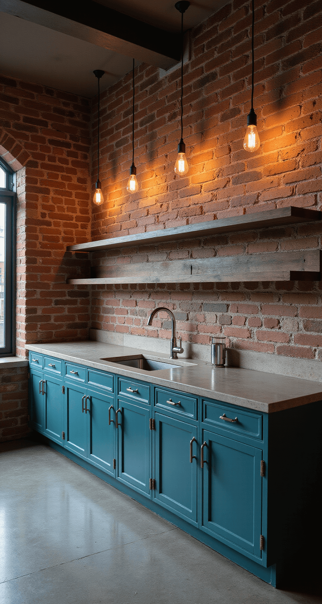 Forest Green & Dark Green Kitchen Cabinets: Your Ultimate Design Inspiration Guide Industrial-modern kitchen at dusk featuring blue-green metal cabinets, exposed brick walls, concrete countertops, and floating steel shelves, illuminated by Edison bulb pendants, viewed from a high corner angle.
