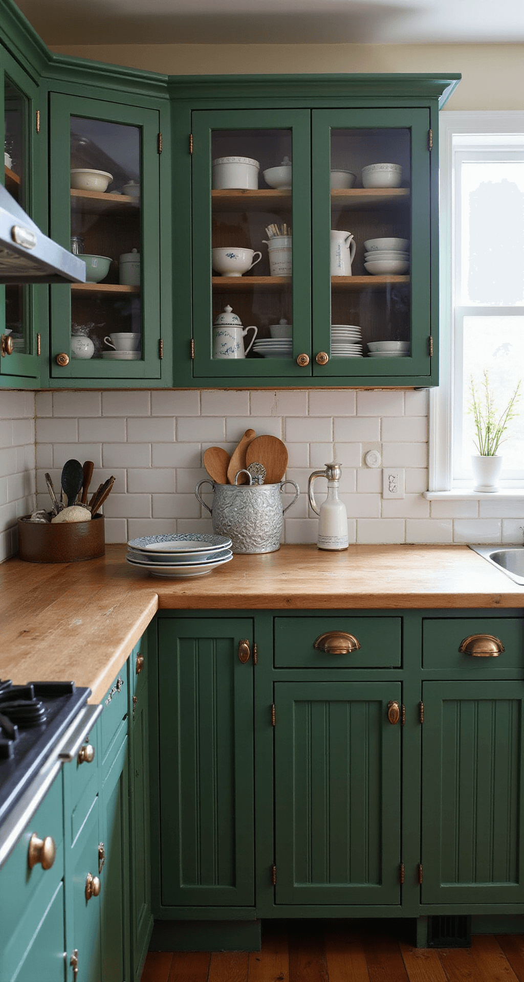 Forest Green & Dark Green Kitchen Cabinets: Your Ultimate Design Inspiration Guide A cozy cottage kitchen featuring forest green beadboard cabinets with glass-front uppers showcasing vintage dishware, butcher block countertops, and a classic subway tile backsplash, highlighted by antique brass accents. The image is taken at waist height across the island, capturing warm morning light and intimate details of the space.