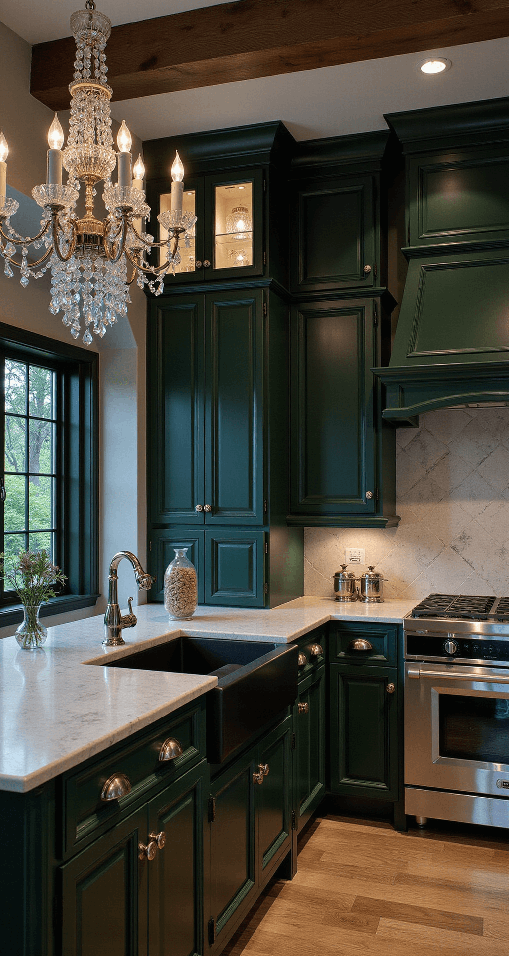 Forest Green & Dark Green Kitchen Cabinets: Your Ultimate Design Inspiration Guide Luxurious chef's kitchen at twilight featuring dark hunter green cabinets, book-matched marble backsplash and countertops, polished nickel hardware, and commercial-grade stainless appliances, illuminated by a crystal chandelier, shot from above eye level to emphasize grandeur.