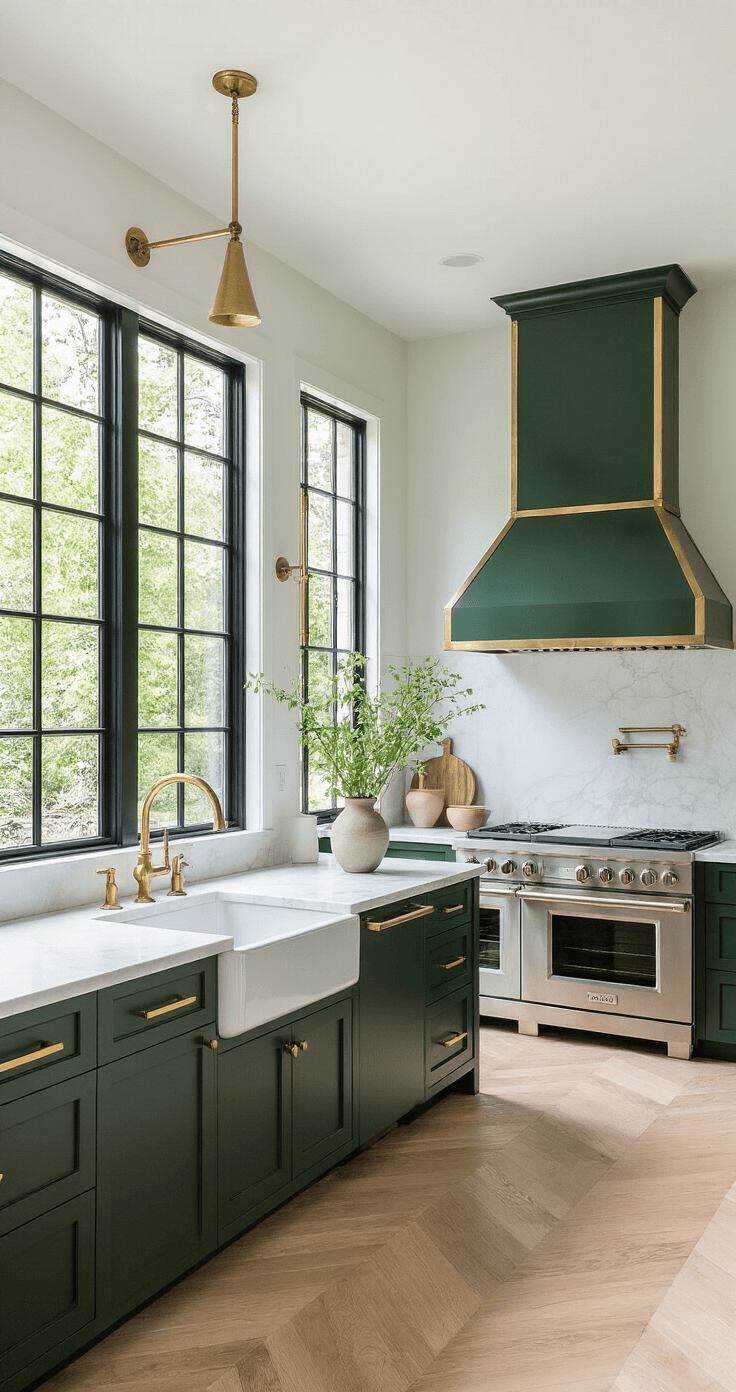 Dark Green Kitchen: A Comprehensive Design and Styling Guide A contemporary kitchen featuring deep forest green cabinets, veined white quartz countertops, and a brass-framed hood, illuminated by mid-morning light from floor-to-ceiling windows, with white oak herringbone floors and artisanal decor.