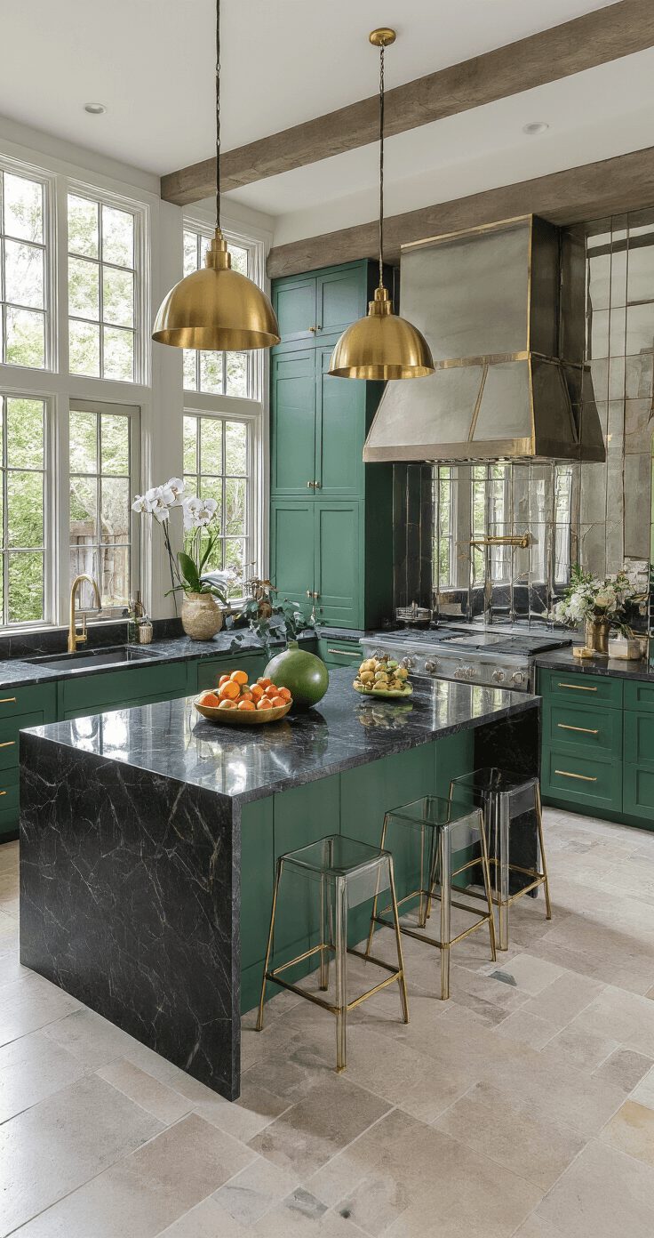 Dark Green Kitchen: A Comprehensive Design and Styling Guide Aerial view of a spacious open-concept kitchen featuring a peacock green island with black granite waterfall edges, brass pendant lights, an antiqued mirror backsplash, modern ghost stools, and stylish decor including black matte ceramics and geometric fruit bowls.