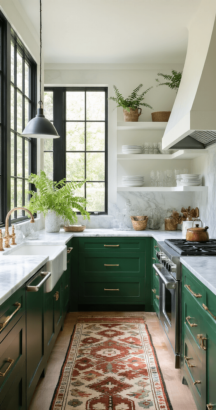 Dark Green Kitchen: A Comprehensive Design and Styling Guide A sunlit kitchen corner featuring emerald green lower cabinets, white upper shelving, Carrara marble surfaces, black steel-framed windows, and a vintage kilim runner, styled with marble mortars, crystal decanters, and potted maidenhair ferns.