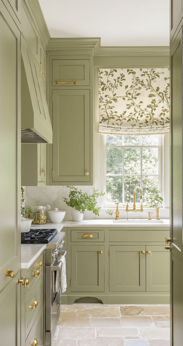 Dark Green Kitchen: A Comprehensive Design and Styling Guide A spacious 13x15ft kitchen bathed in morning light, featuring two-tone olive and cream cabinets with brushed gold hardware, limestone floors, a custom botanical print roman shade, and styled with mixed metals, white ceramics, and trailing ivy.