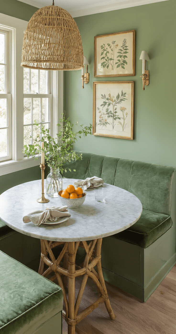 Dark Green Kitchen: A Comprehensive Design and Styling Guide Cozy breakfast nook featuring a built-in forest green velvet banquette, marble oval table, rattan pendant light, and a gallery wall of vintage botanical prints, styled with linen napkins, brass candlesticks, and fresh citrus in ceramic bowls.