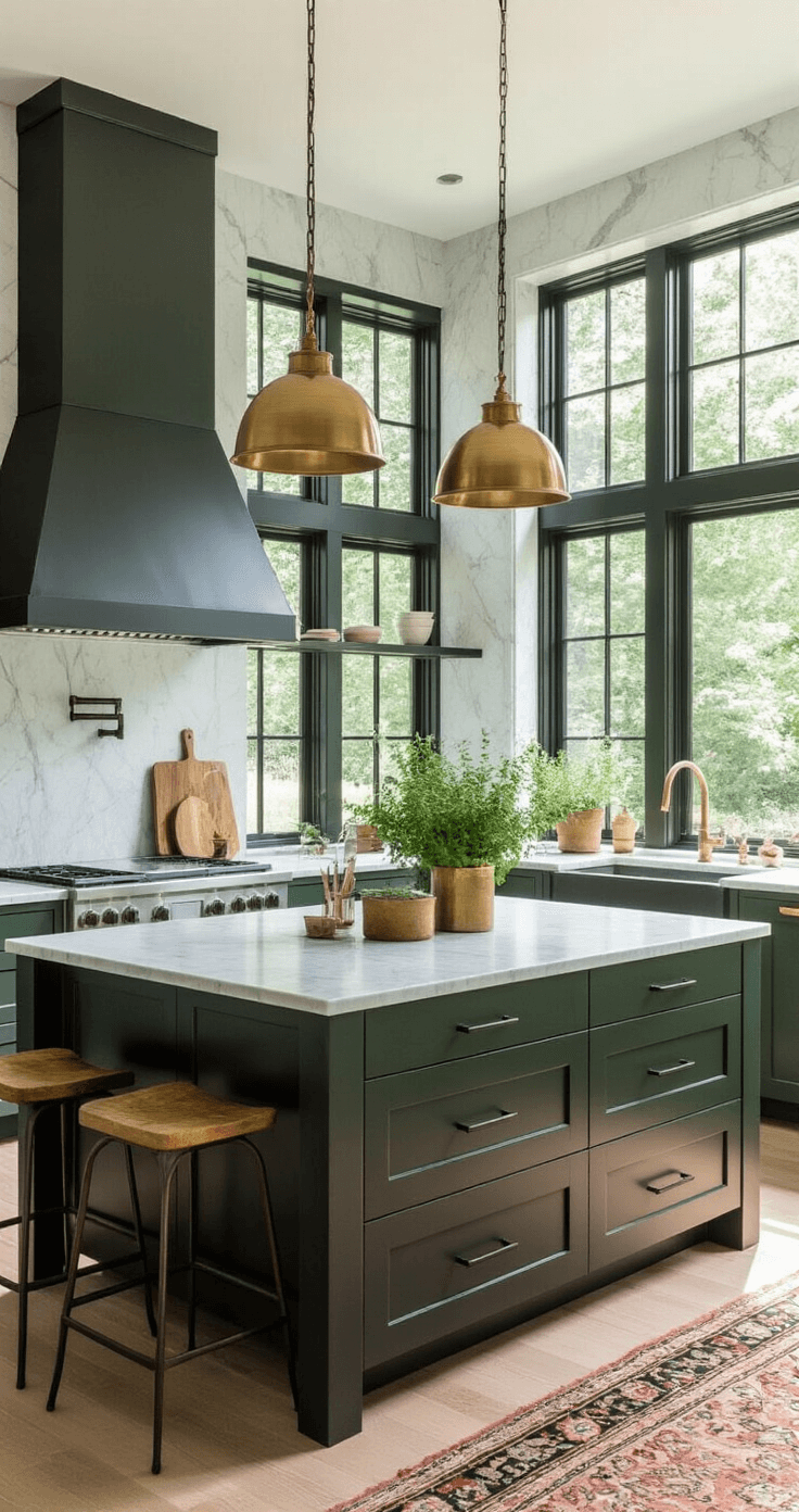 Dark Green and Black Kitchen: A Bold Design Transformation A contemporary kitchen featuring forest green shaker cabinets, Carrara marble countertops, and a large black island illuminated by morning light through floor-to-ceiling windows, accented with brass pendant lights and a vintage Persian runner.