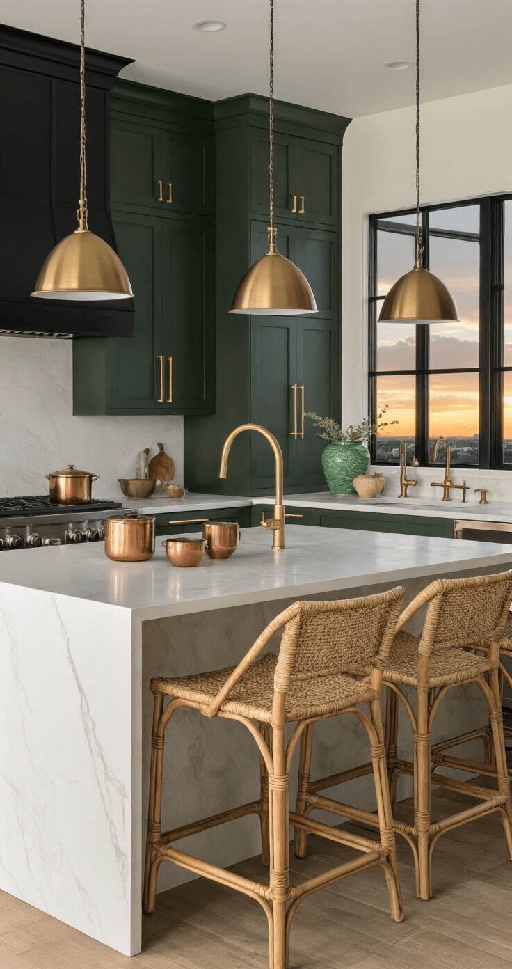 Dark Green and Black Kitchen: A Bold Design Transformation A dramatic and sophisticated corner view of a moody kitchen at golden hour, featuring dark hunter green and matte black cabinets, brushed gold hardware, a white quartz waterfall countertop, and industrial-style windows framing sunset views, enhanced by textured elements like woven bar stools and copper cookware.