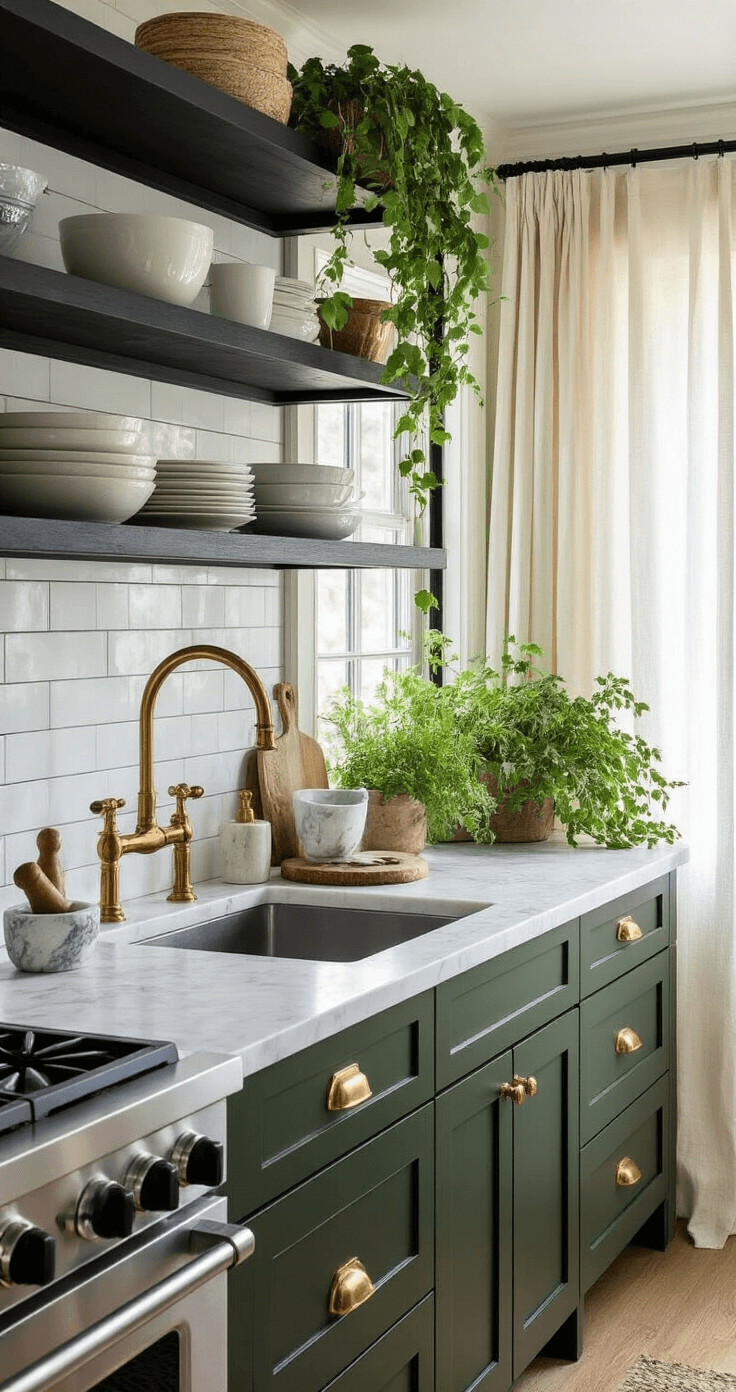 Dark Green and Black Kitchen: A Bold Design Transformation Cozy galley kitchen featuring forest green lower cabinets and black upper shelves, adorned with brass fixtures and cream marble countertops. A white subway tile backsplash extends to the ceiling. Vintage brass scale and marble mortar and pestle add charm, while trailing plants bring life. Soft natural light streams through sheer linen curtains, capturing a warm and sophisticated atmosphere.