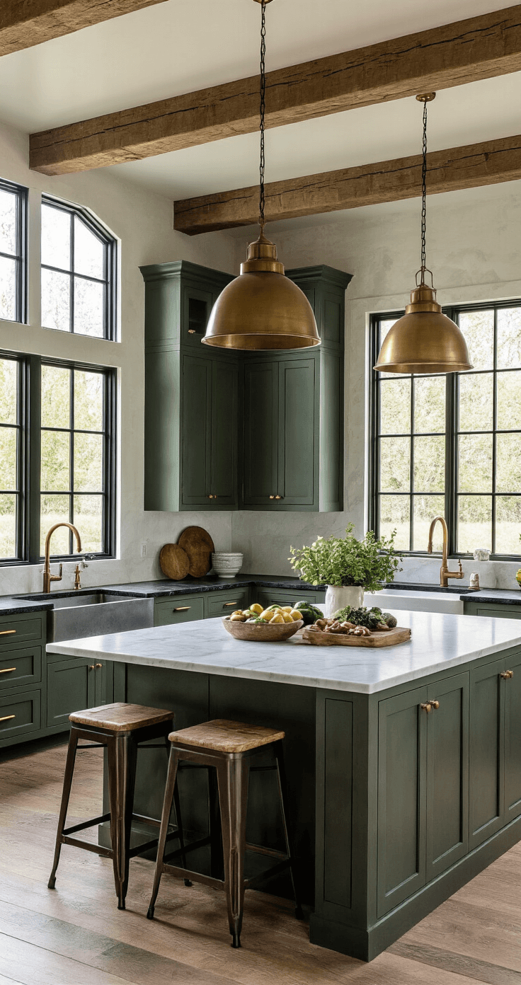 Dark Green and Black Kitchen: A Bold Design Transformation A modern farmhouse kitchen featuring dark sage green cabinetry, black steel-framed windows, honed black granite counters, and a white marble island, illuminated by oversized brass lanterns and styled with antique copper pots and fresh produce, all under vaulted ceilings in dramatic afternoon light.