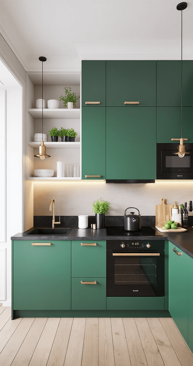 Dark Green and Black Kitchen: A Bold Design Transformation Compact urban kitchen showcasing emerald green ceiling-height cabinets with integrated black appliances, slim black quartz countertops, and champagne bronze hardware. Decorated with minimalist ceramics and herbs, the image is shot straight-on at counter height, highlighting vertical lines under warm artificial lighting for a sophisticated ambiance.