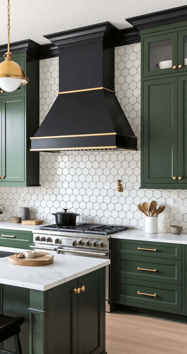 Dark Green and Black Kitchen: A Bold Design Transformation A luxurious open-concept kitchen-dining space featuring British racing green cabinets with black crown molding, a dramatic black range hood, and a white marble hexagon backsplash. The area is adorned with brass light fixtures and cabinet hardware, complemented by black and brass cookware and marble accessories. The shot captures the flow of the space, highlighted by natural light and warm artificial lighting.
