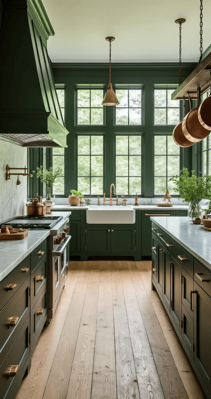 Dark Green Kitchen Walls: Transform Your Culinary Space with Nature's Most Sophisticated Hue A spacious kitchen featuring forest green walls, white oak flooring, dark green Shaker-style cabinets, brass hardware, a farmhouse sink, and Carrara marble countertops, illuminated by morning light from large east-facing windows, with vintage copper pots hanging from a ceiling rack.