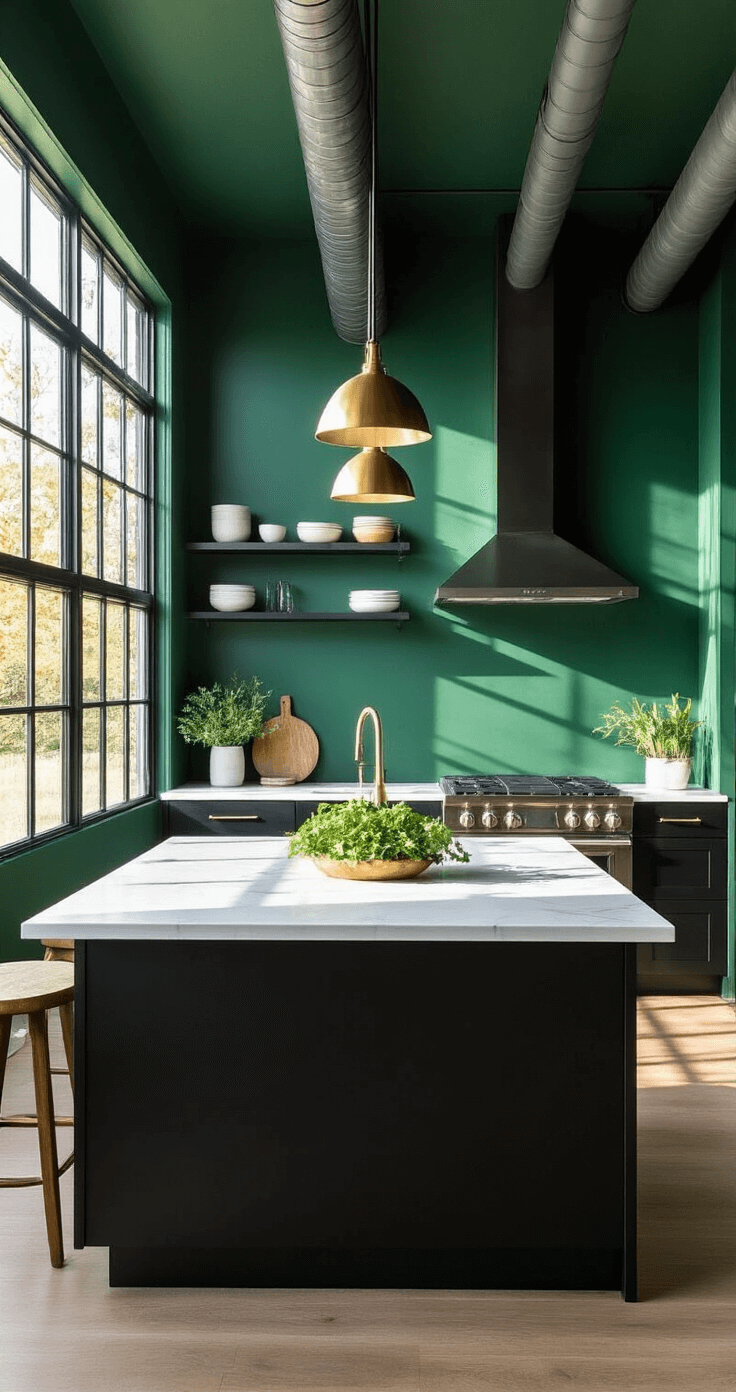 Dark Green Kitchen Walls: Transform Your Culinary Space with Nature's Most Sophisticated Hue A modern galley kitchen with emerald green walls and industrial exposed ductwork, featuring matte black cabinets and a white quartz waterfall island, illuminated by golden hour light through steel-framed windows, accented with geometric brushed gold pendant lights and styled with minimalist ceramics and fresh herbs.