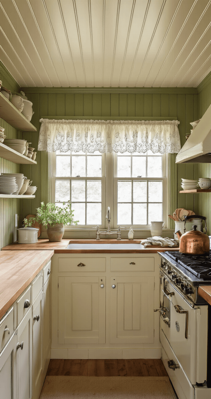 Dark Green Kitchen Walls: Transform Your Culinary Space with Nature's Most Sophisticated Hue Cozy cottage kitchen featuring olive green beadboard walls, cream ceiling, and morning light through lace curtains, with butcher block counters, vintage cream cabinets, and a steaming copper kettle on an antique range.