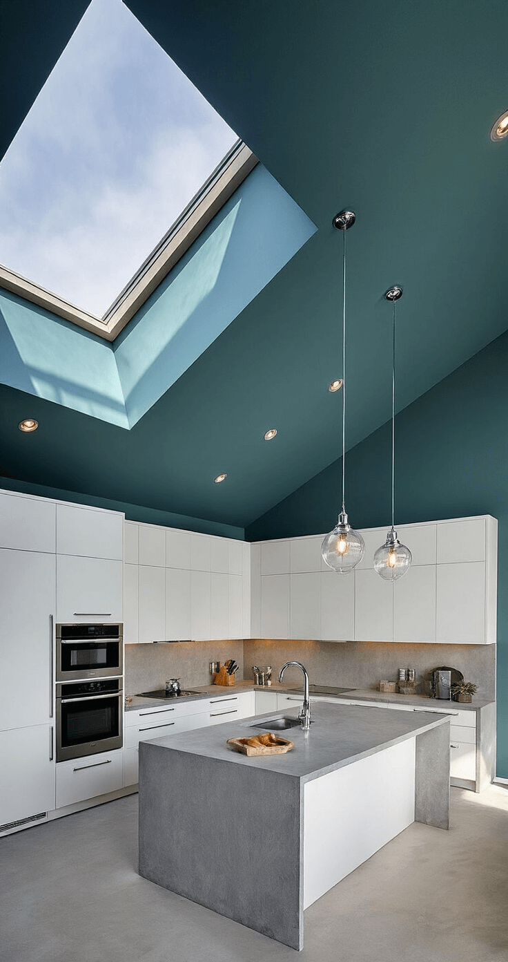 Dark Green Kitchen Walls: Transform Your Culinary Space with Nature's Most Sophisticated Hue Contemporary open-concept kitchen with inky blue-green walls and vaulted ceiling, showcasing sleek white cabinets, grey concrete counters, chrome appliances, and glass pendant lights, all illuminated by dusk light through skylights, viewed from an aerial perspective.