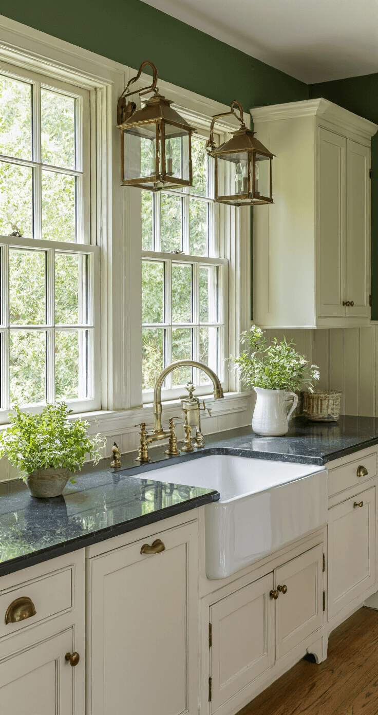Dark Green Kitchen Walls: Transform Your Culinary Space with Nature's Most Sophisticated Hue Traditional kitchen featuring hunter green walls with white wainscoting, illuminated by mid-morning sunlight through garden windows. The design includes cream-colored cabinets with honed black granite countertops, antique brass lanterns, and hardware, captured straight-on for a symmetrical view.