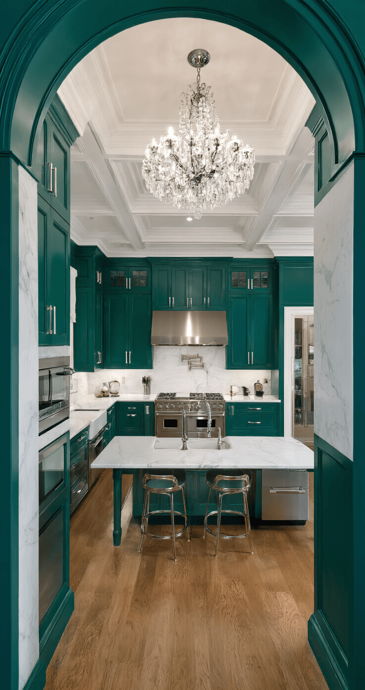 Dark Green Kitchen Walls: Transform Your Culinary Space with Nature's Most Sophisticated Hue Luxurious chef's kitchen featuring deep emerald walls and a coffered ceiling, illuminated by a crystal chandelier; a white marble island with waterfall edges, professional-grade stainless appliances, and polished nickel fixtures create a sophisticated ambiance.