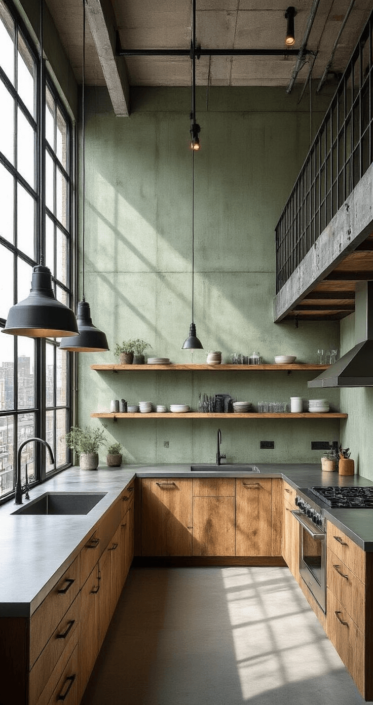 Dark Green Kitchen Walls: Transform Your Culinary Space with Nature's Most Sophisticated Hue Aerial view of an urban loft kitchen featuring 16ft high sage green concrete walls, industrial windows, raw wood open shelving, zinc countertops, black metal pendant lights, and exposed pipe fixtures, illuminated by natural light and directional spots.