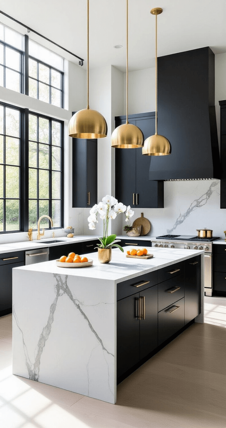 Black Kitchens: The Ultimate Guide to Bold, Sophisticated Design A spacious contemporary black kitchen featuring matte black handleless cabinets, a massive white quartzite waterfall island, and brushed gold pendant lights, all illuminated by morning light through floor-to-ceiling windows. Minimal decor includes a single orchid, arranged citrus fruits, and copper cookware, creating a moody yet inviting atmosphere.