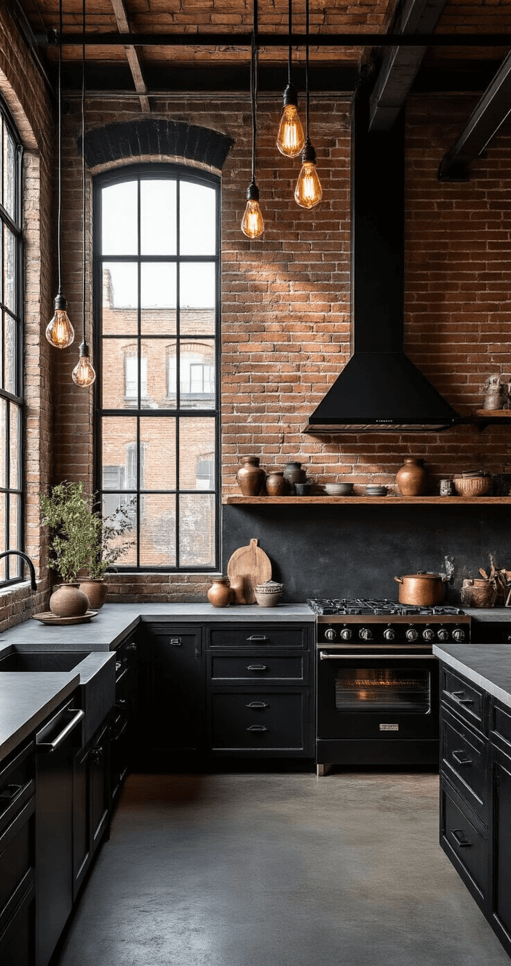 Black Kitchens: The Ultimate Guide to Bold, Sophisticated Design Industrial-style black kitchen at golden hour with exposed brick wall, steel-framed windows casting shadows, distressed metal cabinets, concrete countertops, and a vintage chandelier. Open shelving displays pottery and copper vessels, with a blackened steel range hood as the focal point. Textural elements include concrete, metal, wood, and black tile backsplash.