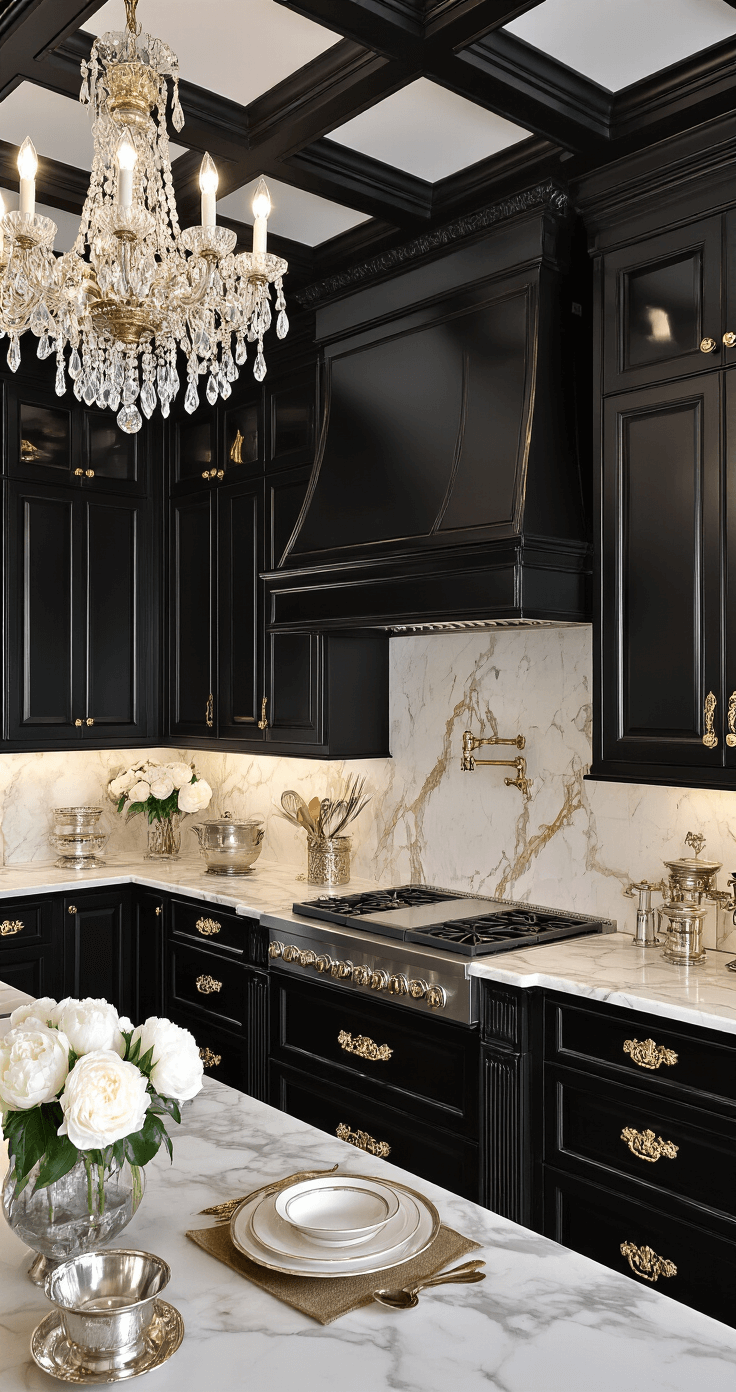 Black Kitchens: The Ultimate Guide to Bold, Sophisticated Design A luxurious traditional black kitchen featuring coffered ceilings, high-gloss black cabinets with intricate molding, Calacatta gold marble countertops and backsplash, and ornate brass hardware, elegantly styled with fresh white peonies and antique silver serviceware.