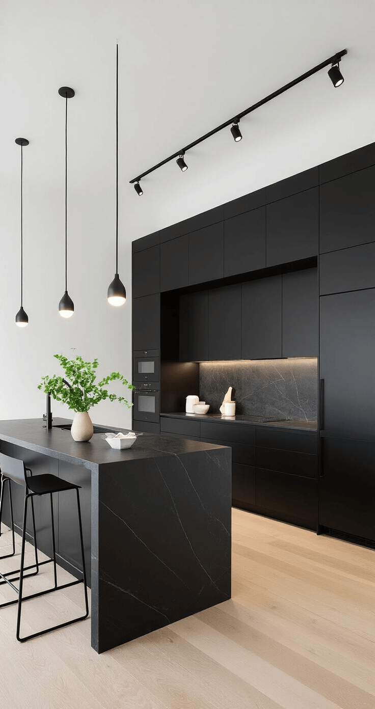Black Kitchens: The Ultimate Guide to Bold, Sophisticated Design A modern minimalist black kitchen featuring double-height ceilings, floor-to-ceiling matte black cabinetry, and slim black marble countertops. The space is illuminated by dramatic track lighting and accented with bleached oak flooring. Styled with geometric ceramics and a single green plant, it emphasizes vertical lines and a sleek material palette of lacquer, natural stone, light wood, and black stainless steel appliances.