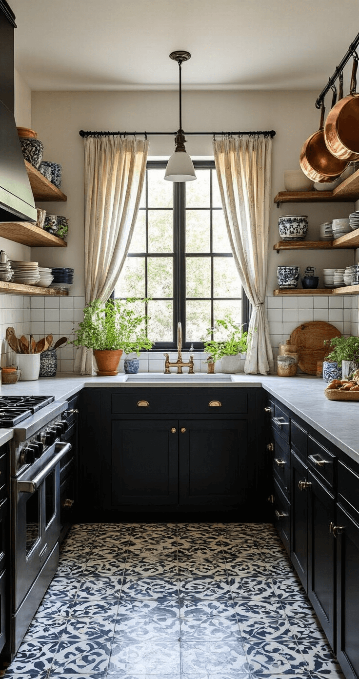 Black Kitchens: The Ultimate Guide to Bold, Sophisticated Design An eclectic black kitchen featuring black shaker cabinets and open shelving filled with colorful ceramics, illuminated by late afternoon sunlight through cafe curtains. A patterned cement tile floor complements the space, while copper pots hang from a ceiling rack and fresh herbs adorn the window sill. The room's lived-in charm is captured at eye level, highlighting a mix of materials including painted wood, cement tile, copper, and mixed metals.